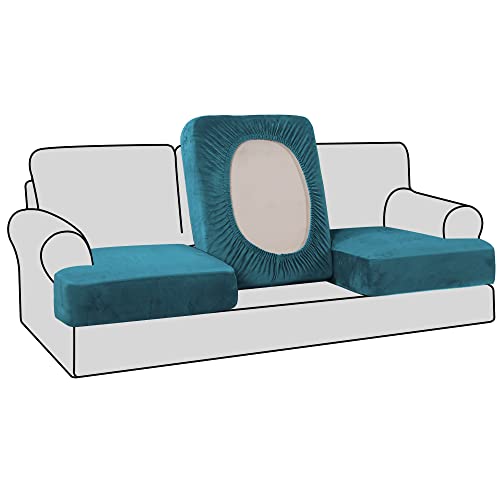 H.VERSAILTEX Stretch Velvet 3 Piece T Cushion Sofa Slipcovers - Individually Fitting Cushion Covers for 3 Cushion Couch - Deep Teal