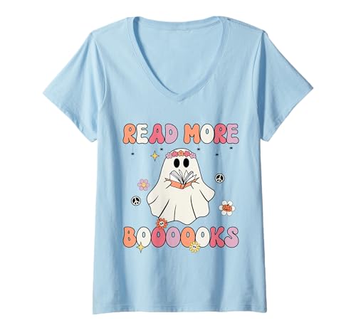 Donna Retro Halloween Ghost Read More Books Cute Book Lover Maglietta con Collo a V
