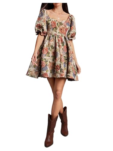 WDIRARA Womens Floral Square Neck Ruffle Short Dress Vintage Short Puff Sleeve Smocked A Line Dresses Multicolor Medium