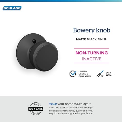 Image of Schlage F170 BWE 622 Bowery Door Knob, One Sided Non-Turning Dummy Door Handle, Matte Black
