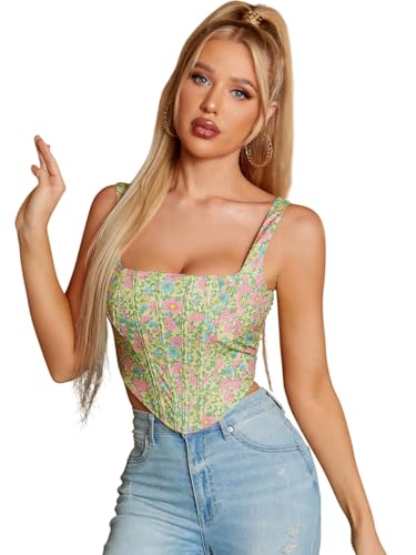 Image of mikuchiku Women's Floral Corset Tank Top, Printed, Sleeveless Crop Top