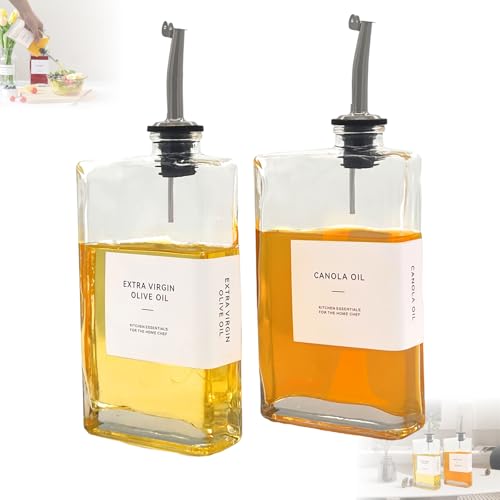 Aceitera de Vidrio, 2 Piezas Vinagrera de Cristal de 350 Ml, Aceitera Antigoteo, Dispensador de Aceite y Vinagre con Vertidor, Etiquetado, a Prueba de Goteo, Apto para uso en Cocina (Plata)