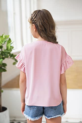 Image of Girls Ruffle Short Sleeve Shirts V Neck Tie Front Knot Tops Button Cute Tunic Shirts Blouse