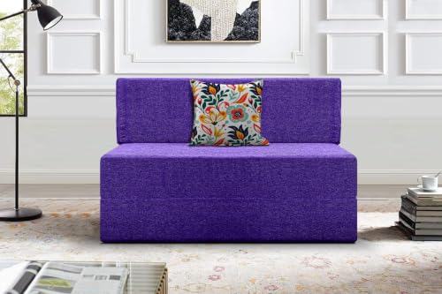 Image of Los Angeles Foldable One Seater Sofa Cum Bed, Sofa Bed 3 X 6 Feet Jute Fabric Washable Cover- Including Cushion Perfect for Living Room - Purple