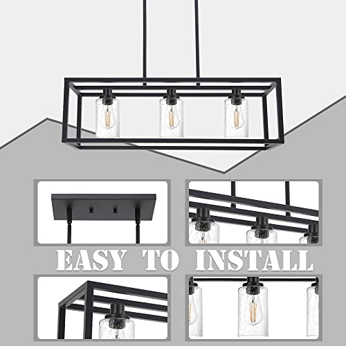 Melucee 3 Lights Black Dining Room Chandelier Hanging Light Fixture Modern Kitchen Island Linear Lighting Farmhouse Chandelier With Seeded Glass Shade For Bar Restaurant #TOP5
