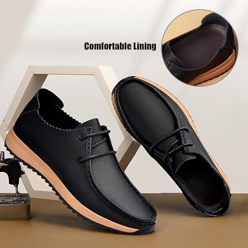 Men's Genuine Leather Elastic Lace Up Platform Casual Loafers Round Toe Thick Sole Heighten Comfortable Anti Slip Slip On Walking Shoes for Commuting Business Golf Daily3