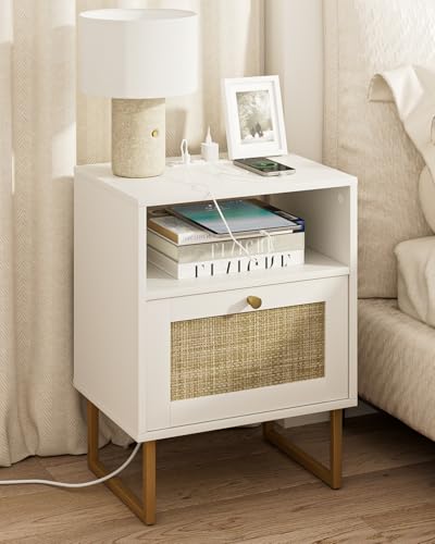 Image of Masupu Extra Large Rattan Nightstand with Charging Station,Boho Night Stand Modern Farmhouse Wood Bedside Table with Storage Drawer and Open Shelf,Side End Table for Bedroom,Living Room,Office White