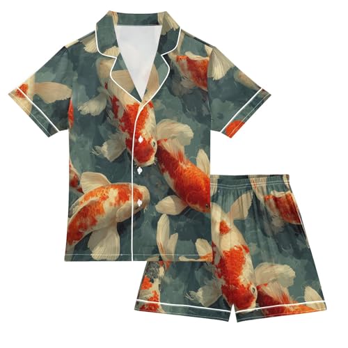 Satin Pajama Sets Short Sleeve Koi Fish Art Prints Button Down Silky Nightwear 2 Piece PJS 5Y,