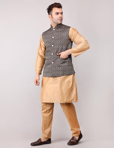 Image of Men's Cotton Silk Blend Regular Kurta Pyjama, Embroidered Nehru Jacket /Waistcoat Set