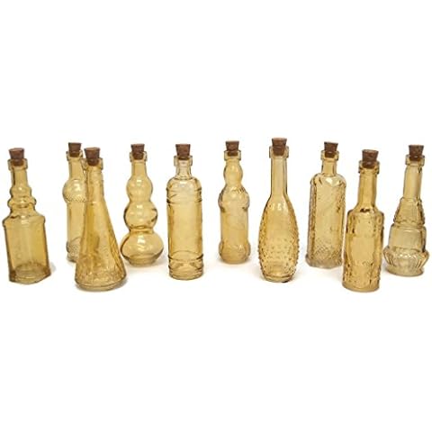 TERRA HOME Vintage Glass Bottles with Corks, Assorted, 5 inch, Set of 10, Amber Cover