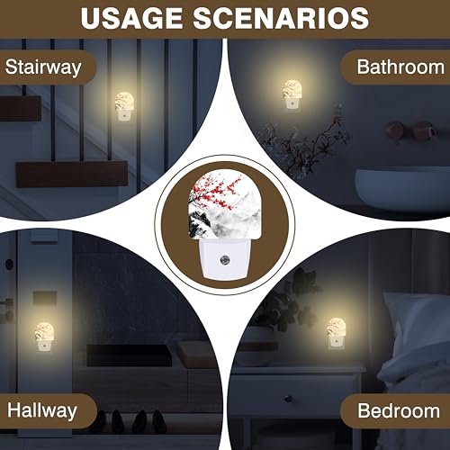 Image of Night Light, Plum Blossom and Snow Mountain Night Lights Plug into Wall Dusk to Dawn Sensor Round Nightlight for Women Men Energy Efficient Led Lamp 0.5W for Stairway Hallway Bedroom