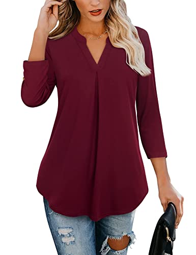Gaharu Winter Tunics Petites 3/4 Sleeve Fall Tops For Leggings Cute V Neck Dressy Shirts For Women Draped Work Blouses Wine,Medium #TOP2
