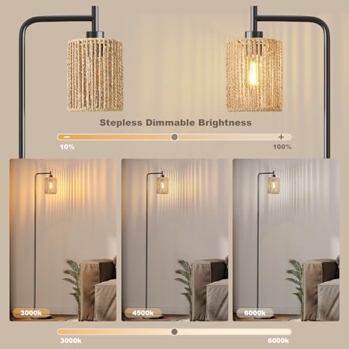 Image of Oneach 66 inch Black Floor Lamp for Living Room, Boho Floor Lamp with Remote Control and LED Bulb, Rattan Shade, Industrial Tall Farmhouse Standing Lamp for Bedroom, Dining Room, Study Room, Office