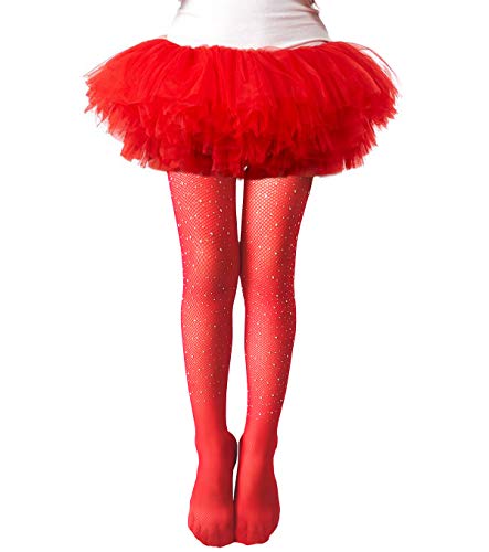 LUCKELF Girls Tights Childrens Fishnet Tight 12 Colors Sparkle Rhinestone Hollow Out Pantyhose (US Age One Size Red)