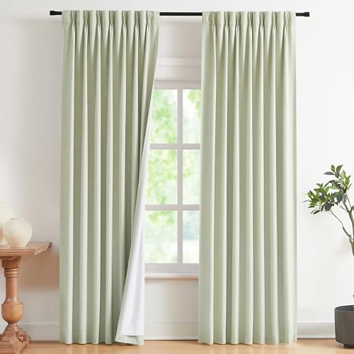 Image of Vision Home Soft Green Pinch Pleated Full Blackout Curtains Linen Blended Room Darkening Curtain Panels 108 inch for Living Room Bedroom Thermal Insulated Pinch Pleat Drapes with Hooks 40 inch Wx108 Lx2