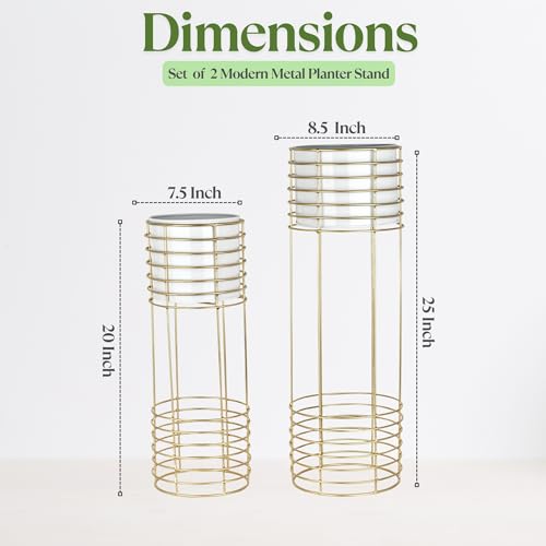 Image of Metal Floor Planter with Stands (Set of 2), Modern Tall Planter for Home Decor, Decorative Plantpot for Living Room Balcony Office, Big Plant Stand with Pots (Plants not Included) (White Pot & Gold Stand)