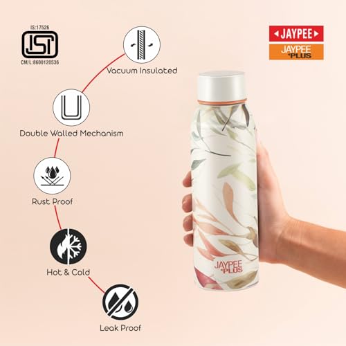 Image of Jaypee Plus Punch Prime Stainless Steel Printed Vacuum Insulated Water Bottle 620 ml | ISI Certified Rustproof & Leakproof Flask with 24Hrs Hot & Cold Ideal for School Kids, Office & Travel - (White)