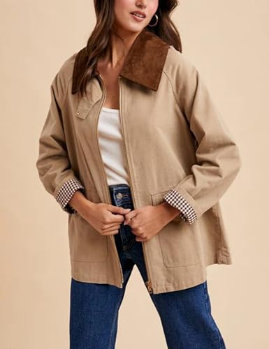 Lviefent Womens Contrast Corduroy Collar Jacket Zip Up Jacket Casual Coat Long Sleeve Outwear with Pockets3