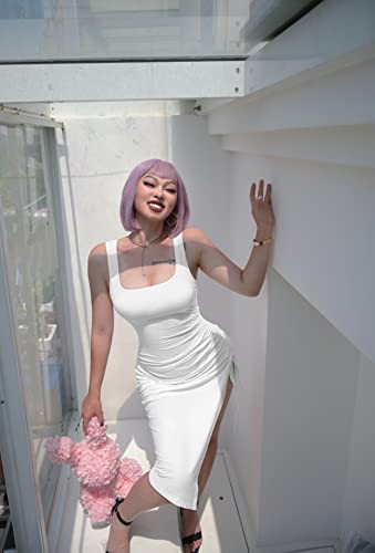 GOKATOSAU Women's Summer Sexy Sleeveless Side Split Bodycon Ruched Midi Tank Dress4