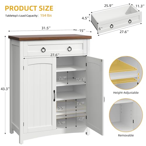 DWVO 5-Tier Shoe Storage Cabinet, Farmhouse Shoes Rack Cabinet with Adjustable Shelf, 43" Tall Shoe Organizer with Drawer & Doors for Entryway Hallway Living Room Closet (White)