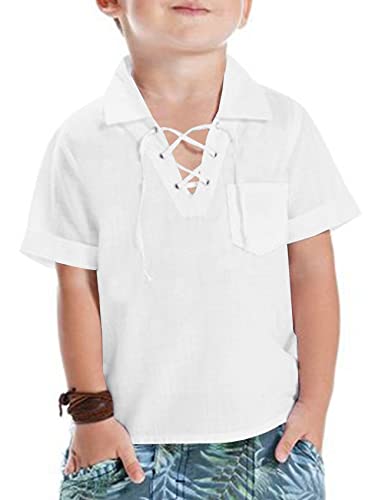 Bbalizko Boys Cotton Linen Short Sleeve Shirt Lace Up Hippie Casual Summer Beach Tee Top With Pocket White #TOP8