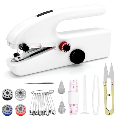Máquina de coser a mano, mini máquina de coser portátil, máquina de coser con 2 modos, ideal para principiantes y reparaciones rápidas de ropa y tejidos (blanco)