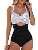 Vijamiy Maillot de Bain Femme 1 Pieces Gainant Ventre Plat Sexy Col V Maillot de Bain Push Up Tankinis Swimwear Rembourré (Lignes Noires et Blanches,L)