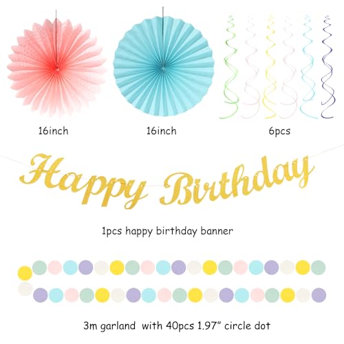 Image of Pastel-Rainbow Classroom Girls Birthday Party-Decorations - 21pcs Happy Banner Decor, Colorful Paper Streamers Lanterns,Tissue Pom Poms Fan,Hanging Honeycomb Garland, Two Sweet Easter Supplies Huglony
