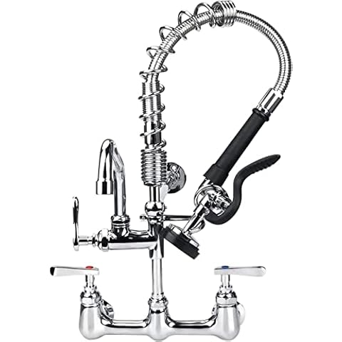 COOLWEST-Commercial-Kitchen-Faucet-Pre-Rinse 8 Inch Center Commercial Sink Faucet with Sprayer 21” Height Wall Mount Kitchen Faucet with 8” Add-on Swivel Spout Brass Constructed Cover