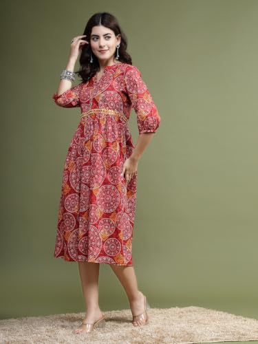 Image of Rama's Women's Printed Cotton One Piece Dress | V-Neck | 3 /4 Sleeves | Empire Waist | Knee Length Casual Dress for Women