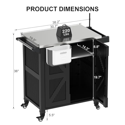 IWDOO Outdoor Grill Cart with Storage Cabinet, Movable Kitchen Island with Stainless Steel Countertop, 4 Swivel Wheels, PP Material Rolling BBQ Food Prep Table Cart for Patio, Poolside, Black