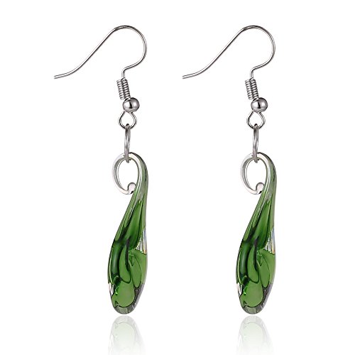 Murano-Style Glass Green Flower Teardrop Earrings #TOP1