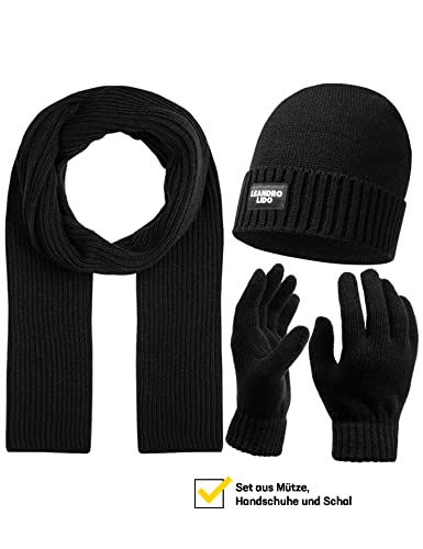 Leandro Lido Epomeo 3-teiliges Winter-Set aus Mütze, Handschuhen und Schal, für Herren. Aus weichem, wärmendem Strickmaterial, optimal für kalte Tage. In Schwarz, Grau und Blau (Grau)