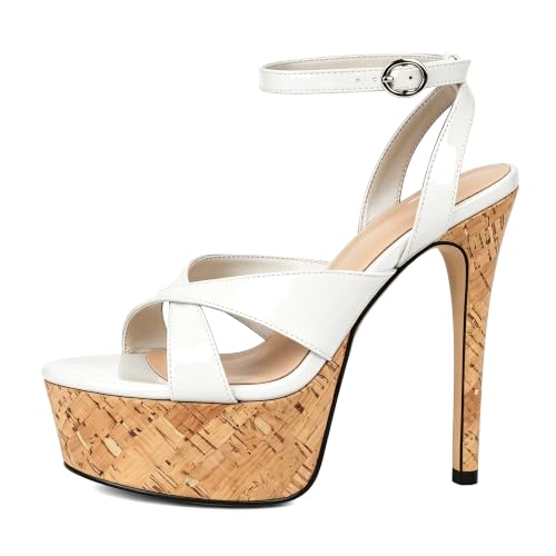Image of Esvowido Heeled Mules for Women Cork Platform Stiletto Heels Slip on Open Toe High Heeled Sandals Crisscross Slippers Pumps Shoes