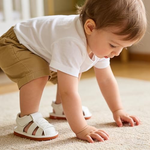 Image of SOFMUO Baby Boys Girls Squeaky Sandals Non-Slip Soft Rubber Sole Closed Toe Infant Summer Outdoor Shoes Toddler First Walkers