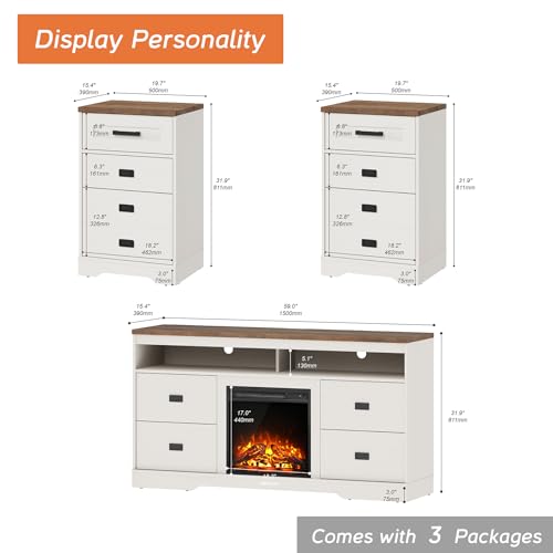 Image of WAMPAT 3-in-1 Fireplace TV Stand for 110 inch TV,31.9 inch H Farmhouse Entertainment Center with 10 Drawers and Open Storage compartments for Living Room,Antique White