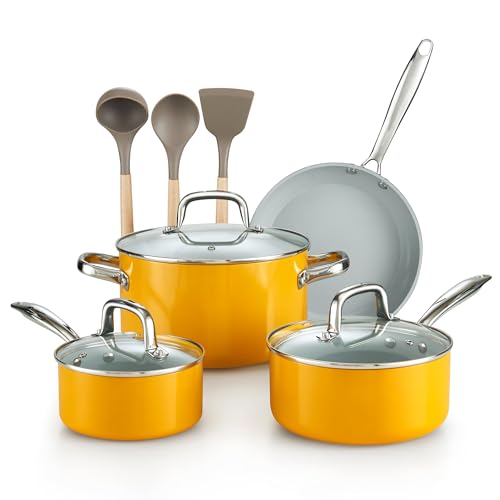 Comparison: Best Yellow Non Stick Cookware Set 7 Cook N Home Pots and Pans Set Non Stick, 10-Piece Hard Anodized Nonstick Ceramic Cookware Set, Induction Cookware Cooking Set with Stay-Cool Handles, Nylon Kitchen Utensils, Yellow