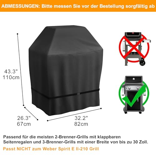 Grillabdeckung Wetterfest 82 x 67 x 110 cm für Weber Spirit E-210 Grill, wasserdichte Grillabdeckung mit verstellbaren Riemen für Char-Broil, Brinkmann, Jenn Air, Nexgrill Grills 2 Brenner, Schwarz