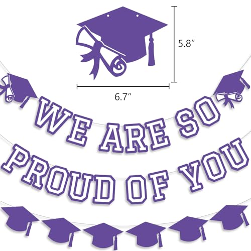 Image of We Are So Proud Of You Banner Graduation Party Decorations Congrats Grad Cap Garlands Wall Sign Purple White