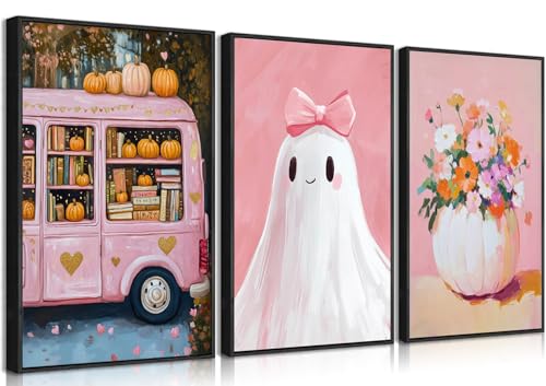 3Pcs Pink Halloween Posters Cute Ghost Pumpkin Wall Art-12x16in