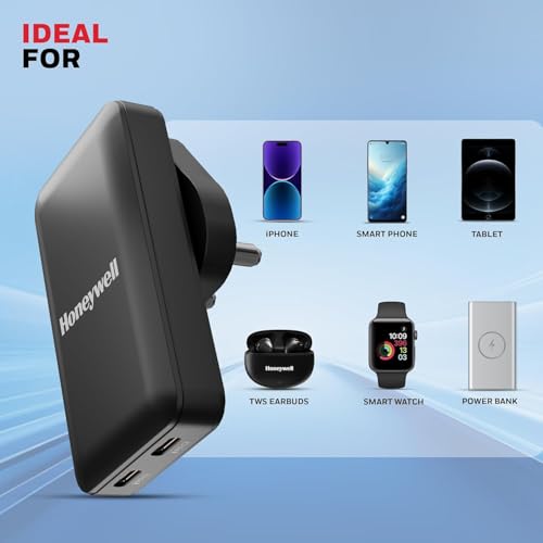 Image of Honeywell Zest Ultra-Thin GaN 45W Dual Type-C PD 3.0 Wall Charger with PPS Support, Ultra-Fast Charging, Compatible with iPhone, iPad Pro, Pixel, Galaxy, OnePlus, Tablets & Smartwatches
