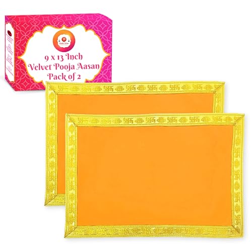 Image of Bhakti Lehar (9 x 13 Inch) Plain Orange Velvet Pooja Aasan for God Idol /Chowki Aasan Kapda Cloth for Temple Shelf Home Mandir, Ganesh Baithak and God Idol Sitting - Pack of 2