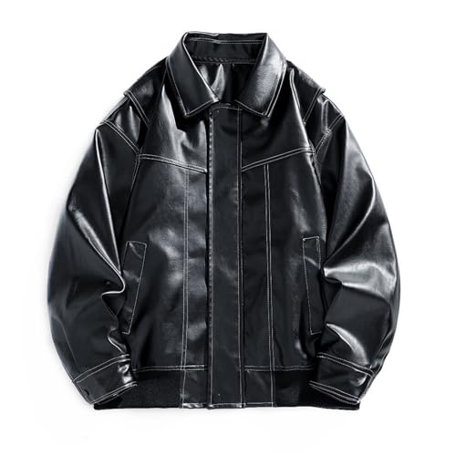 Hommes Couleur Unie Rétro Joli Mince Animal Aérien Monocouche Mode en Cuir Combinaison de Moto Manteau Coupe-vent, Noir , XXL