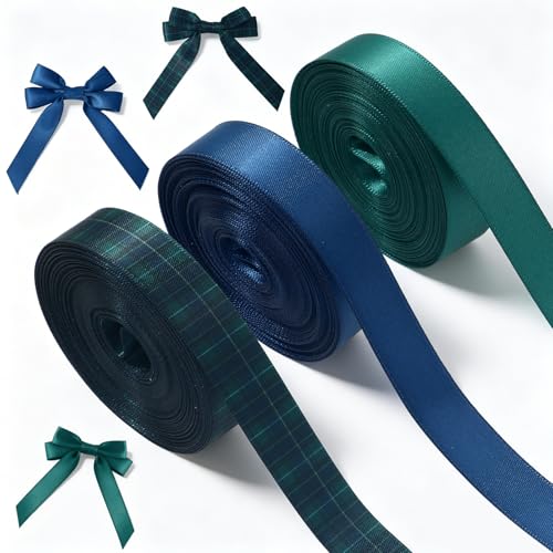 Whaline Tartan Plaid Ribbon 30 Yard Double-Sided Vintage Blue Green Wrapping Ribbon Woven Ribbed Craft Ribbons for Christmas Birthday Baby Shower Wreath Bow DIY Crafts 5/8 3 Rolls