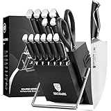 BRODARK Kitchen Knife Set with Block and Sharpener, 15 Pcs Sharp Knives Set for Kitchen, Stainless Steel Full Tang Knife Block Set, Ergonomic Handle Professional Chef Kitchen Knives Sets