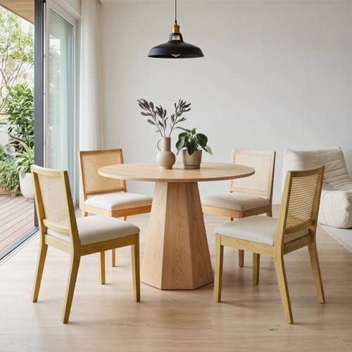 Rattan Dining Chairs Set of 4, Farmhouse Linen Dining Room Chairs Kitchen Chairs with Cane Back, Upholstered Rattan Chairs Comfy Side Wood Chair for Living Room/Restaurant, Natural Cream