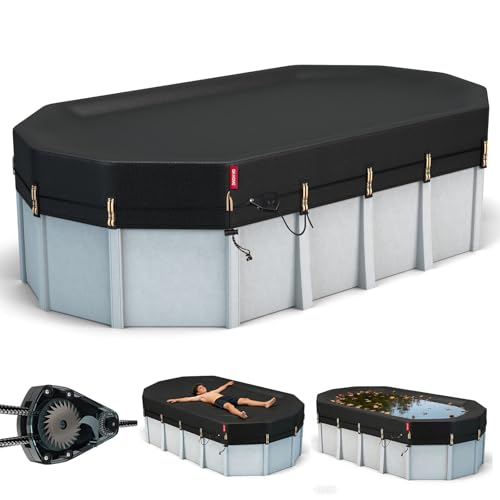 QH.HOME 15x30 Ft Oval Pool Cover for Steel Wall Pool [Ultimate Windproof & Tear-Resistant Fabric] Snug Fit with Patented Ratchet & Weight Rings Blocks Leaves &Waterproof