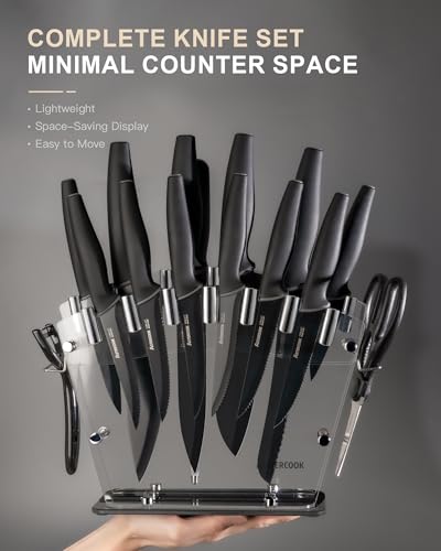 Image of Astercook Knife Set with Clear Block and Sharpener 22Pcs Black | Dishwasher Safe, Space-Saving Clear Knife Block, for Everyday Home Cooking