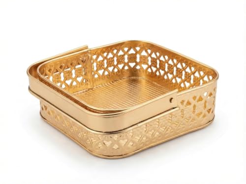Image of Multipurpose Metal Basket For Gift Hamper, Pooja Temple Storage With Sturdy Handle, Decorative Flower Organizer & Versatile Puja Utility Accessories Home Decoration (Square Small 15cm)