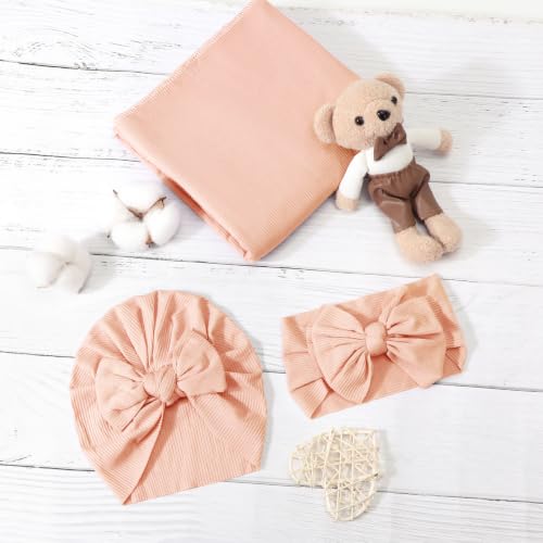 Image of DRESHOW BQUBO Baby Girl Newborn Receiving Blankets with Bow Hat Headband Wooden Birth Announcement Card Set Newborn Baby Swaddle Wrap Set Warm Shower Gift
